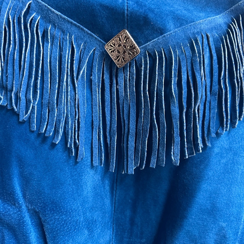 Women's Blue Suede Fringe Jacket - Picture 4 of 9